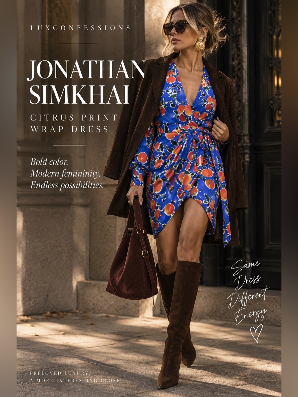 Jonathan Simkhai Cobalt Blue Orange Fruit Print Wrap Mini Dress Size 6
